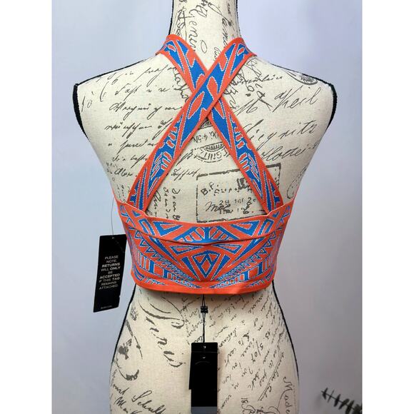 BCBGMaxAzria Katiya Crop Top in an Orange/Blue Geometric Print L - Picture 5 of 10